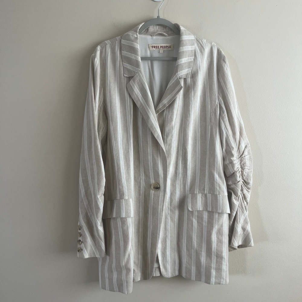 Free People Fern Blazer Striped Linen Blend Oversized Ruched Beige White L